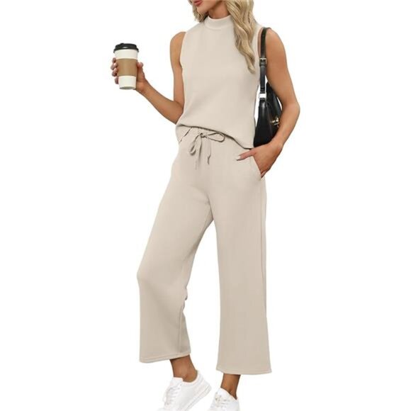 Women's 2-Piece Summer Set - Mock Neck‎ Top & Wide-Leg Crop Pants Lounge Outfit - Picture 7 of 7